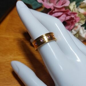 Wide Goldtone Band Pink Crystals Ring Size 7